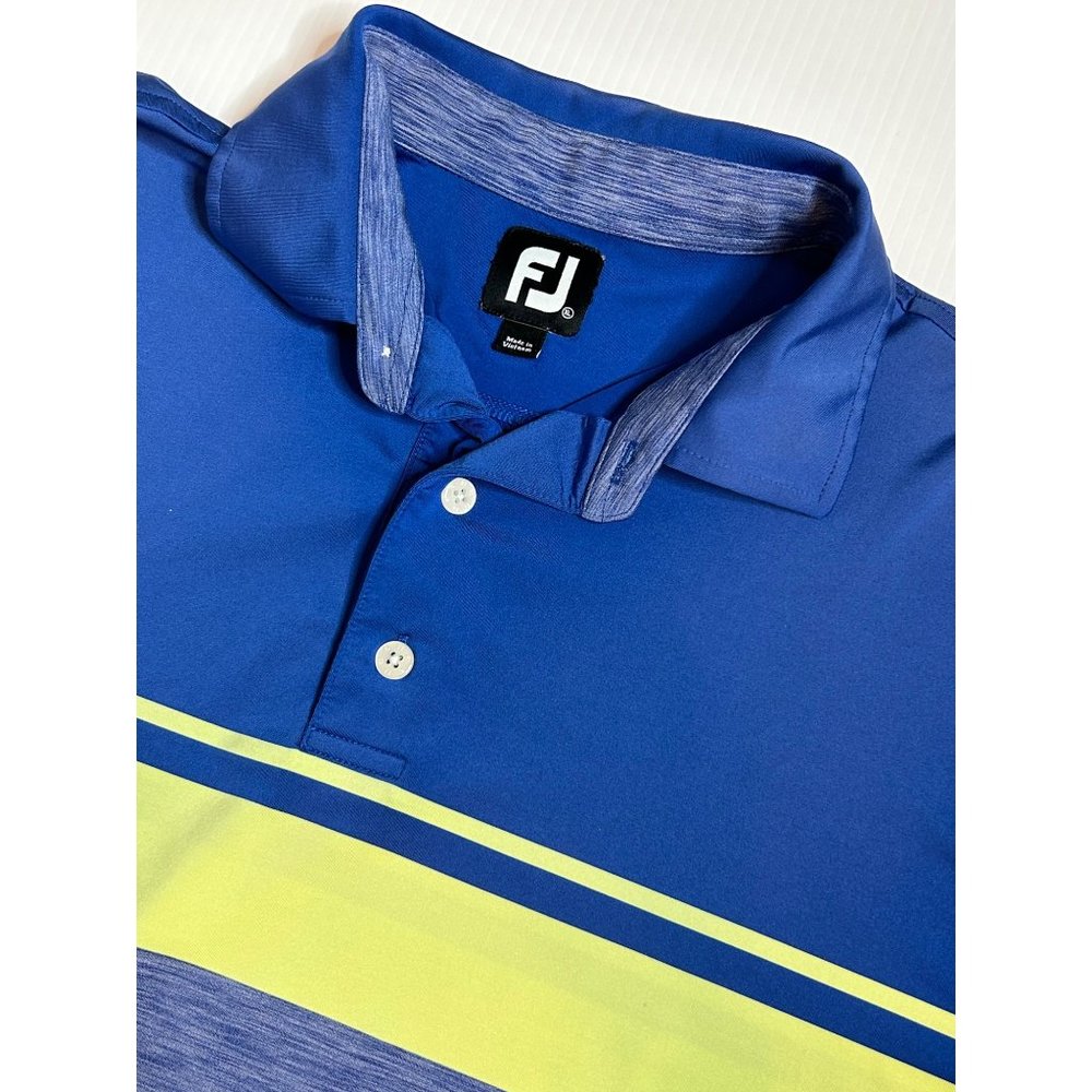 FootJoy FJ Shirt Mens XL Blue Yellow Striped Golf Polo Short Sleeve Button Shirt